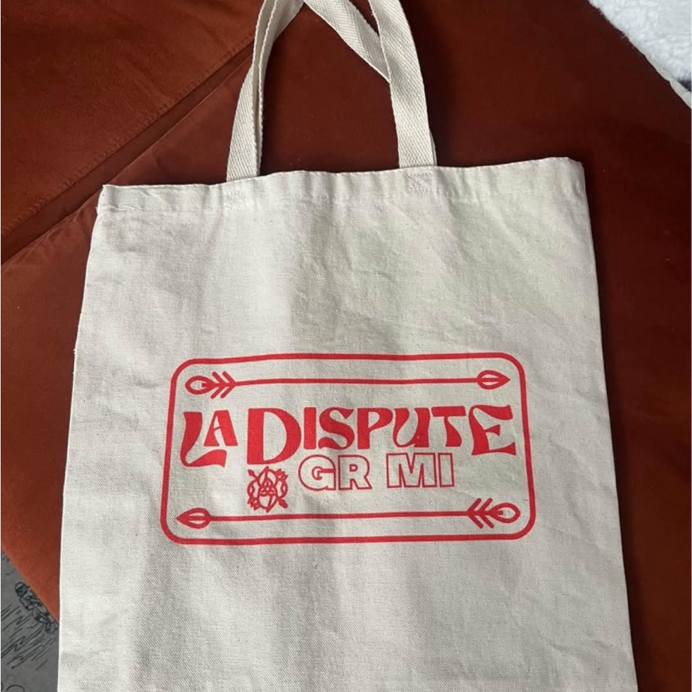 LA DISPUTE Cream and Red Tote Bag